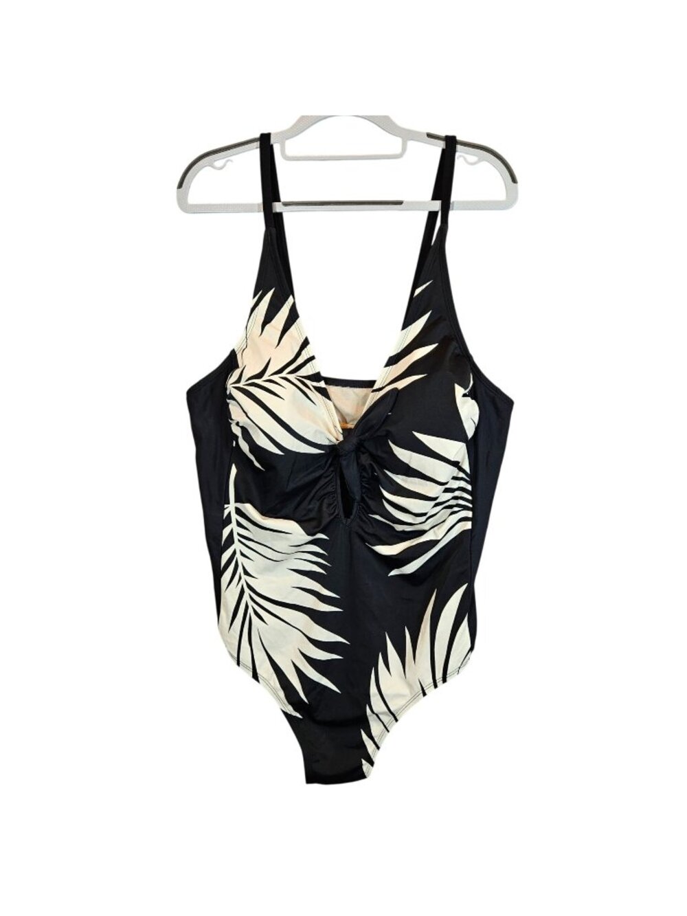 Tropical Palm Print Women's 20W Black White One-Piece Swimsuit Adjustable Straps